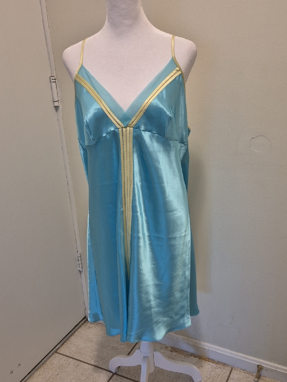 Valerie Stevens Aqua Satin Chemise with Pale Yellow Trim